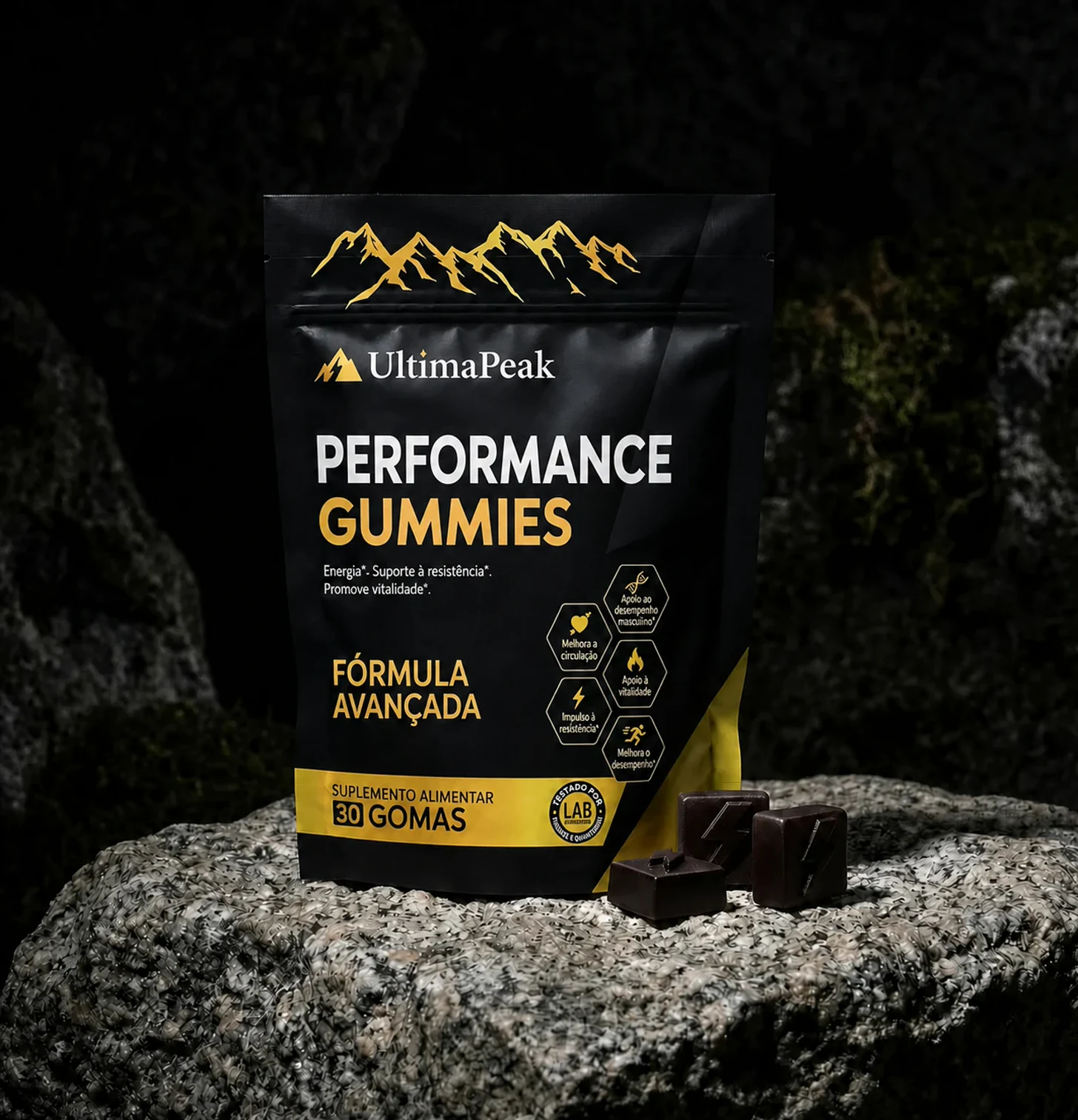 Frasco das Gomas de Performance UltimaPeak sobre pedras